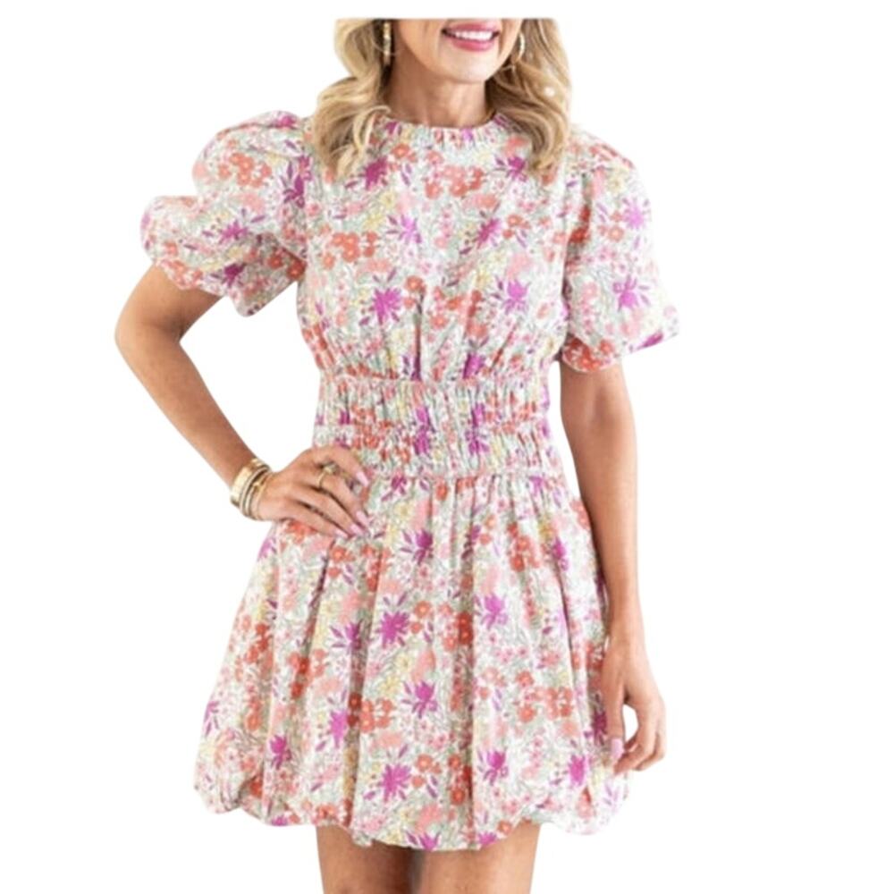 &Merci Red Puff Sleeve Smocked Waist Floral Dress Ladies Size Small